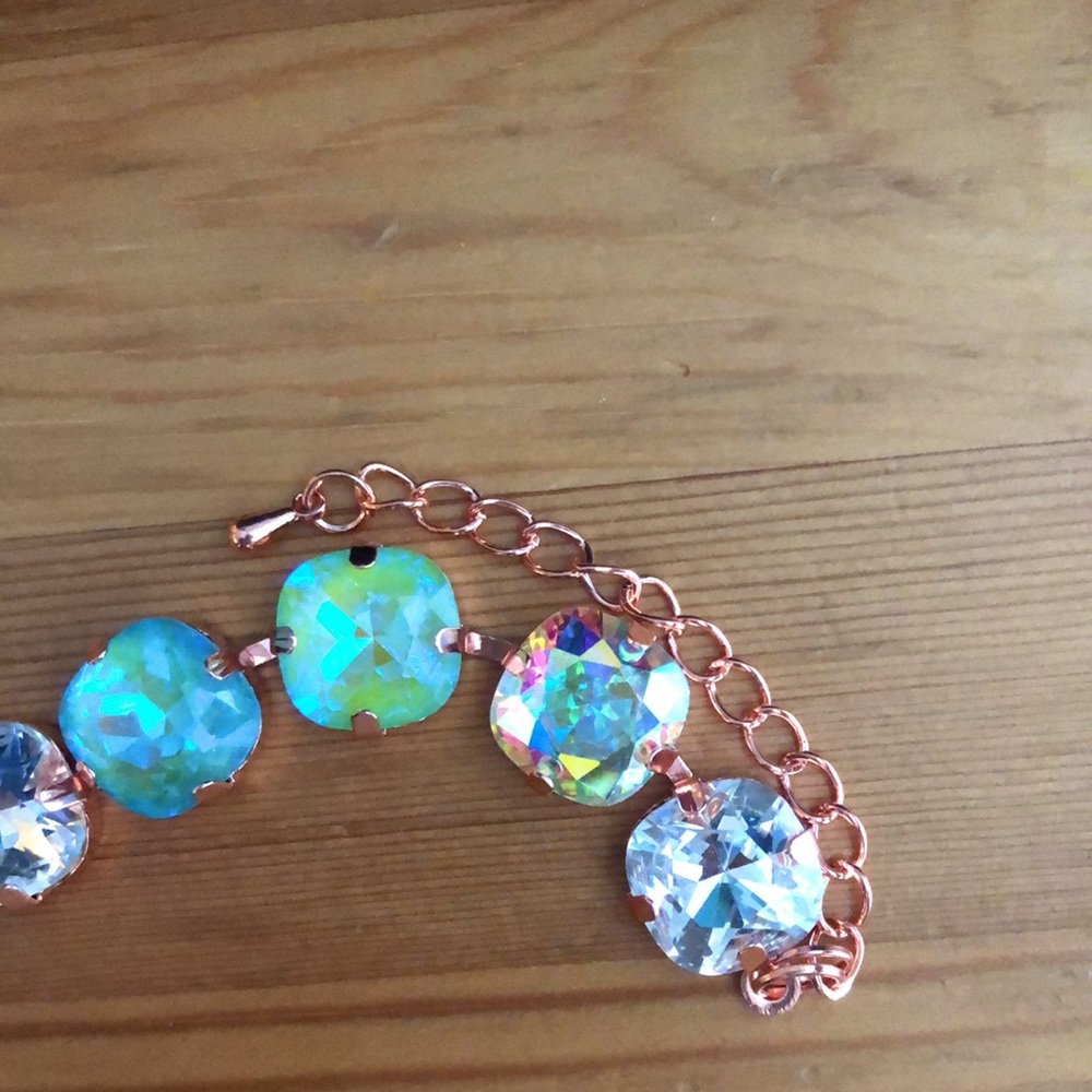 Aquamarine + Peridot AB Cushion Rose Gold Crystal Tennis Bracelet - Picture 5 of 11